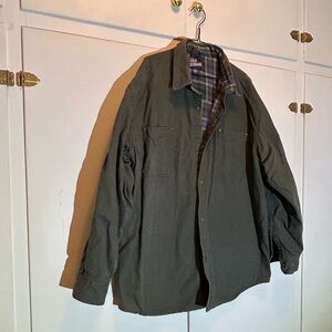 Men's Olive Green Military Field Shirt Jacket with Plaid Lining